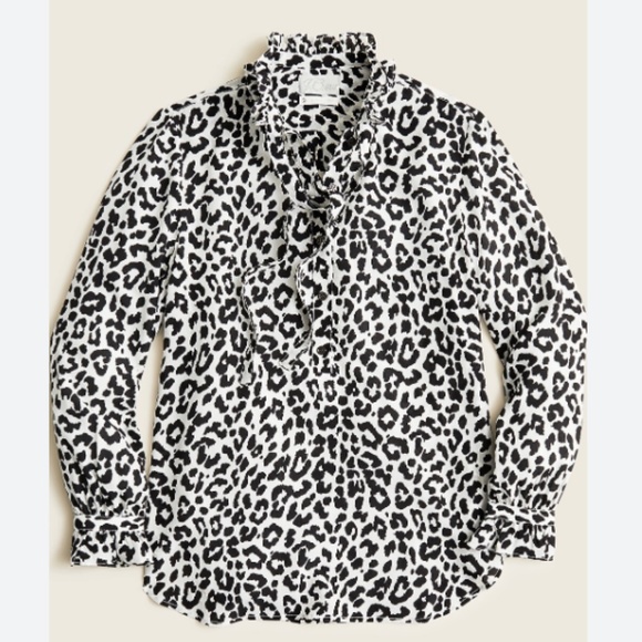 JCREW WOMENS CLASSIC FIT RUFFLENECK POPOVER SHIRT BOLD LEOPARD 100% SILK SIZE 4 - Picture 1 of 6